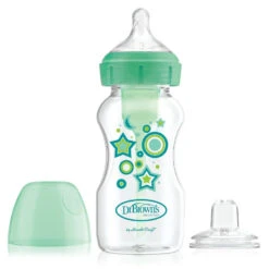 Dr. Brown's Natural Flow Options+ Wide-Neck Bottle Starter Kit (Assorted Designs) -Baby Products Sale Store WB91606 Product Options Wide Neck Bottle to Sippy Starter Kit Green Stars